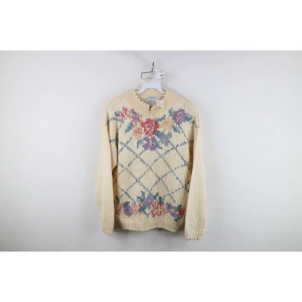 Deadstock Vintage 90s Streetwear Womens Medium Hand Knit Flower Floral Sweater - Picture 1 of 15